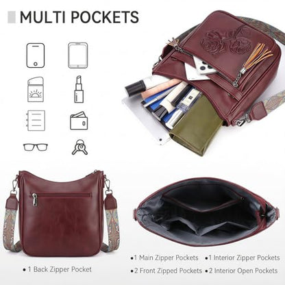 Medium Crossbody Bags for Women,Vegan Leather Hobo Purses Embossed | Women's Shoulder Handbags with Adjustable Boho Strap for Daily Travel Lightweight Cross body Purses with Multi Pockets - color: 10-red