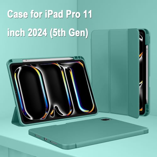 iPad Pro 11 Inch Case (M5) 2025/ (M4) 2024 (Model: A2836/A2837/A3006), Trifold Stand Smart Cover with Pencil Holder and Soft TPU Back, Auto Wake/Sleep (Forest Green) - color: Forest Green
