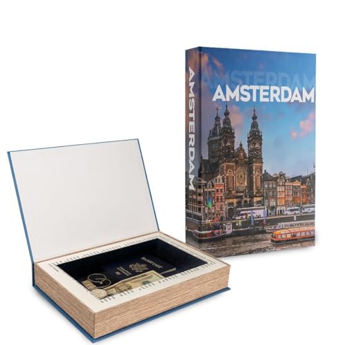 Amsterdam Faux Book Storage Box - Storage Books (12x8x1.5”) | Faux Books for Keepsakes Stylish – Durable and Functional Fake Decor Books – Travel-Inspired Home Décor (12 x 8 x 1.5”) - style: Amsterdam