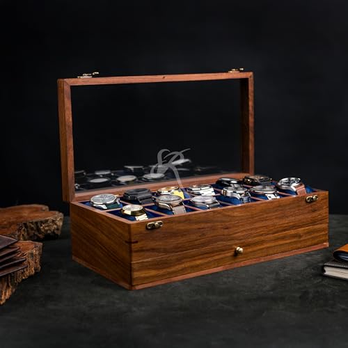 Handmade Mens watch box, Watch display case, Indian Rosewood single watch box case organizer for men, Velvet lining glass lid, Solid Gift for Him | Made for Special Events (TWELVE SLOT WITH DRAWER) - size: TWELVE SLOT WITH DRAWER