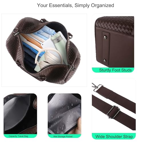 Weekender Bags with Shoe Compartment Travle Carry On Bag (Coffee) | Handwoven Duffel for Women with Wet Dry Separation, Beach Tote for Gym Overnight Trip - color: Coffee
