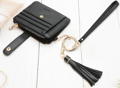 COOLANS Silicone Bracelet Wristlet Wallet Credit Card Holder RFID ID Window Key Ring Tassel Slim Wallet Women Keychain Purse - color: Black Litchi Pattern-card & Id Holder Purse 09