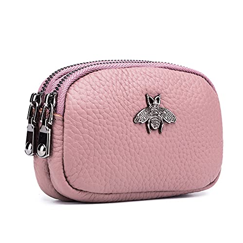 Genuine Leather Coin Purse for Women Small Double Zipper Wallet Mini Change Pouch with Bee Charm for Cash Cards Keys Cute Compact Organizer (Pink) - color: Pink
