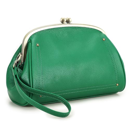 CONTACTS Full Grain Leather Kiss Lock Clutch Purse for Women Evening Clutch Bag Kiss Clasp Handbag - color: Green