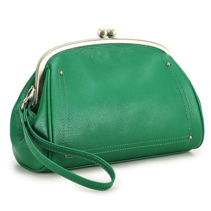 CONTACTS Full Grain Leather Kiss Lock Clutch Purse for Women Evening Clutch Bag Kiss Clasp Handbag - color: Green