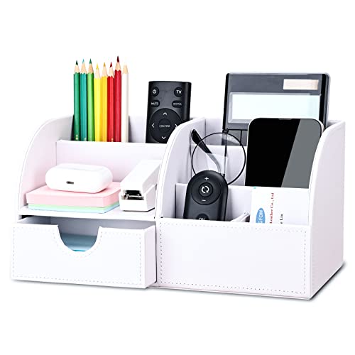 KINGFOM Pu Leather Desk Organizer Pen Pencil Holder Office Supplies Caddy Storage Box 6 Compartments with Drawer White (Full Pu Leather) - color: White