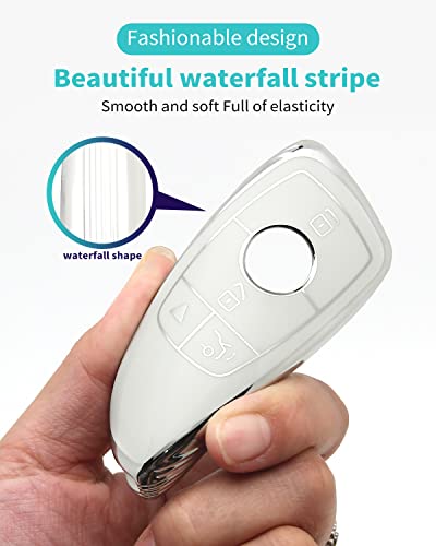 For Mercedes Benz Key cover & Key chain accessories (White set) | Advanced soft TPU key Case is compatible with C E R S G S CLS CLK GLC ML GLE GLS SL SLR Maybach AMG Smart Remote Key - color: Key Case + Sheepskin Metal Key Chain(white)