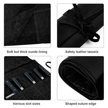 Genuine Leather Knife Roll, Knife Bags for Chefs Professional | Small Chef'S Knife,Knives Holders Protectors with 5 Slots (Black) - color: 5 Slots Black