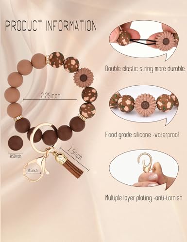 BAOSIWA Silicone Beaded Keychain Wristlet Key Ring Bracelet Cute Car Key Chain Holder for Women Girls - color: Daisy Coffee