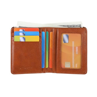 Bifold Slim Men Wallet Genuine Leather Thin, Small Vertical RFID Blocking Wallets for Men ，Compact & Stylish with Clear ID Windows (Brown) - color: Brown