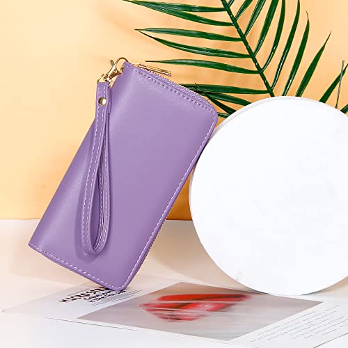 VOCUS Womens Wristlet Wallet Zip Around Clutch Wallet Large RFID Blocking PU Leather Bifold with Phone Holder for Travel - color: Solid Purple