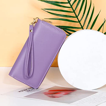 VOCUS Womens Wristlet Wallet Zip Around Clutch Wallet Large RFID Blocking PU Leather Bifold with Phone Holder for Travel - color: Solid Purple