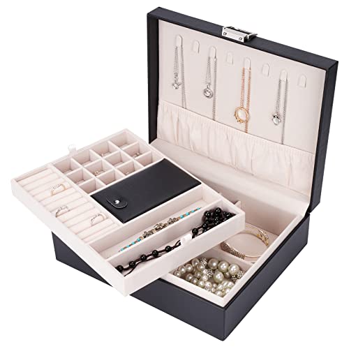 Jewelry Box,Jewelry Organizer Storage Box Necklace Holder Display Tray Case | Jewelry Storage Organizer with Desktop Tray stores all jewelry and keeps vanity clutter-free,good ideal gift for girls - color: Black