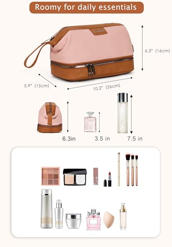 Travel Makeup Bag with Wet/Dry Compartments, Pink | Water Resistant Hybrid Leather Double-Layer Water-Resistant Toiletry Bag Cosmetic Organiser, 26x15x16cm - color: pink, size: double layer