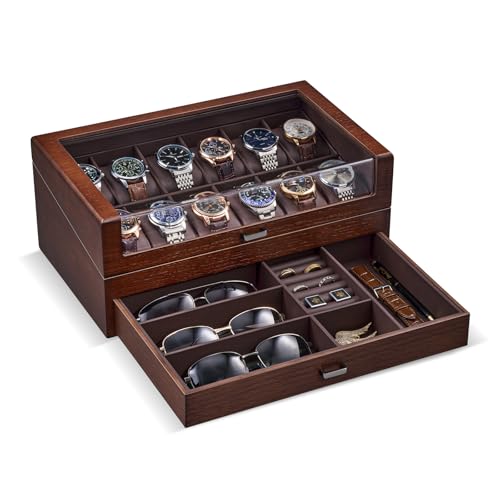 ProCase High End Wooden Watch Box for Men, 2-Layer Wood Watch Display Case Men's Jewelry Organizer Box with Drawer -12 Slot, Walnut - color: Walnut, size: 12 Slot