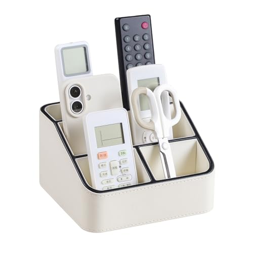 PU Leather Remote Control Holder, Nightstand Organizer with 4 Compartments | Luxury Desk Caddy with Velvet Lining, Small Desk Organizer for Living Room, Bedroom, Bedside, End Table, 6.8" x 6.7" x 4" - color: Cream