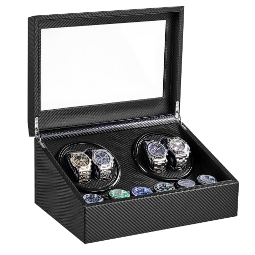 Watch Winder for Automatic Watches, Automatic Watch Winder | 4 Watch Winder with 6 Slots, Carbon Fiber Finish, Ultra-Quiet Japanese Motor, Adjustable Pillows, Present Box Packaging