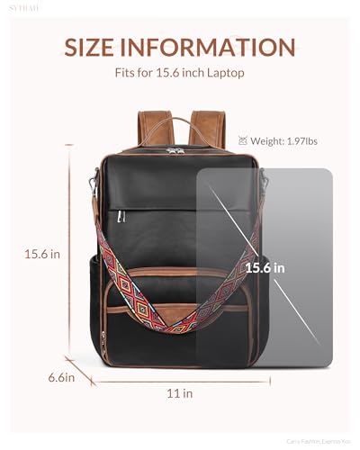 SYTRAH Leather Laptop Backpack for Women, 15.6 inch Computer Daypack Brown | Vegan Leather with dedicated 15.6" Laptop Compartment, 9-Pocket Organizer, Breathable Mesh Strap, Work & Travel - color: Black Brown