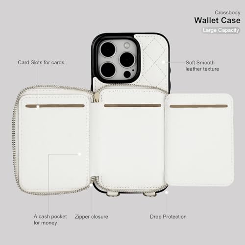 Bocasal Crossbody Wallet Case Card Holder for iPhone 16 Pro, White | RFID Blocking PU Leather Zipper Handbag Purse, Kickstand Flip Folio Case with Card Slots Holder Wrist Strap Lanyard 6.3 Inch - color: White