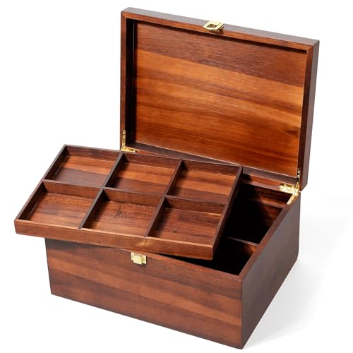 Large Wooden Storage Box with Adjustable Tray, 12.5 IN Acacia Wood Keepsake Box with Lid for Storage Trinkets, Jewelry, Card, Photo, Wooden Decortive Case for Home 12.5x9.4x6.1 IN -WB006-X Large - color: Brown-Tray