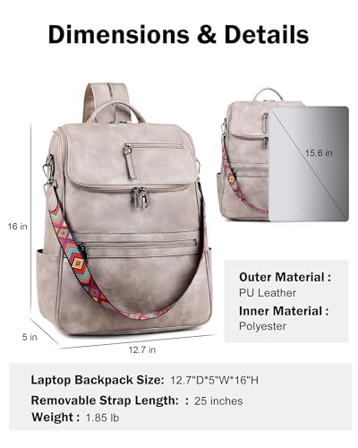 FADEON Laptop Backpack for Women, Vegan Leather 15.6 inch Computer bag | Waterproof Backpack Fits 13 14 inch, Padded Sleeve, Designer Water Bottle Pockets, Luggage Strap for Travel Work School - color: Grey Retro Style