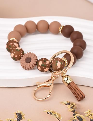 BAOSIWA Silicone Beaded Keychain Wristlet Key Ring Bracelet Cute Car Key Chain Holder for Women Girls - color: Daisy Coffee