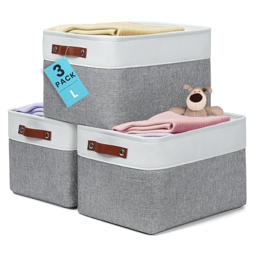 OrganiHaus 15x11in Canvas Storage Baskets 3 Pack - Fabric Bins for Shelves | Vegan leather handles; a decorative closet organizer for clothes, shoes, or toys; bedroom container - color: Gray / Off-White, size: Large - 3pc