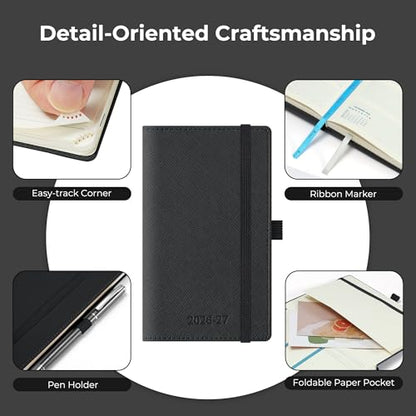 Weekly Monthly 2026-2027 Planner (July 26-Dec 27),6.5"x3.75" | 18 Months Agenda Plan with Month Tabs & Pocket,Expenses/Note Pages, Academic Calendar with Vegan Leather Cover,Black - color: Black, size: Pocket-6.5" x 3.75"