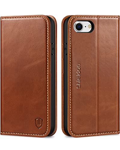 SHIELDON Genuine Leather Case Wallet for iPhone SE 2022/2020, Retro Brown | Magnetic Closure, RFID Blocking, Credit Card Slot, Kickstand, Flip Book Design, Shockproof Phone Cover - color: Brown - Retro