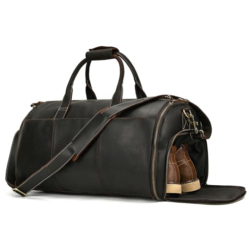 Full-grain Leather Garment Bag Large Capacity Travel Bag Business Suit Carrier Bag with Shoe Compartment, Overnight Gym Sports Duffel Bags for Men Women, Dark Brown - color: 2201-Dark Brown