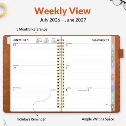 SUNEE 2026-2027 Weekly & Monthly Planner 6.4"x8.5" - 12 Month (July 2026 - June 2027), Vegan Leather Cover Planner Academic Year Calendar, Pocket, Notes, Monthly Tab, Brown - color: Brown