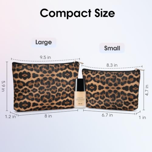 Wandering Nature Small Makeup Bag, 2 Pack, Brown Leopard Print | Vegan Leather, Zipper Closure, Travel Pouch, for Purse, Cute, For Women - color: Brown Leopard Print