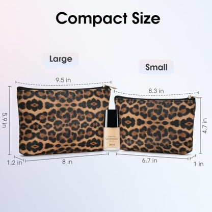 Wandering Nature Small Makeup Bag, 2 Pack, Brown Leopard Print | Vegan Leather, Zipper Closure, Travel Pouch, for Purse, Cute, For Women - color: Brown Leopard Print