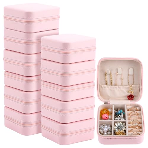MAQUITA 12 Pack Travel Jewelry Case Bridesmaid Gifts Box, PU Leather Small Jewelrys Case Organizer Storage for Women Girls Rings Earrings (Pink) - color: pink-12pcs