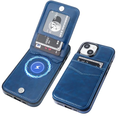 KIHUWEY for iPhone 15 Wallet Case Card Holder for MagSafe, Blue | Wireless Charging, RFID, Flip PU Leather, Magnetic Clasp, Hands-Free Viewing Kickstand, Heavy Duty Protective Cover - color: Magsafe for Blue