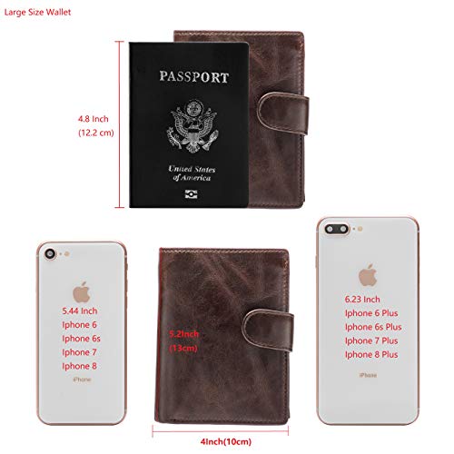 POKOFO Large RFID Genuine Leather Card Holder Trifold Wallet Snap Closure 3 ID Windows for men - color: Chocolate Large