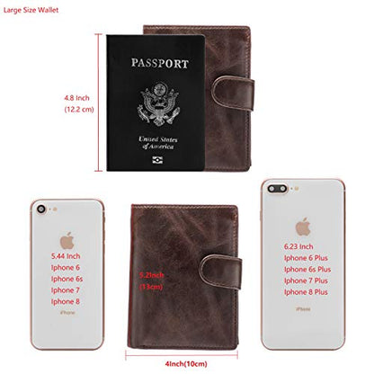 POKOFO Large RFID Genuine Leather Card Holder Trifold Wallet Snap Closure 3 ID Windows for men - color: Chocolate Large