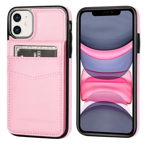 KIHUWEY for iPhone 11 Wallet Case Card Holder Kickstand, Pink | Credit Card Slots, PU Leather, Magnetic Clasp, Flip Heavy Duty Protection Cover for Men and Women - color: Pink