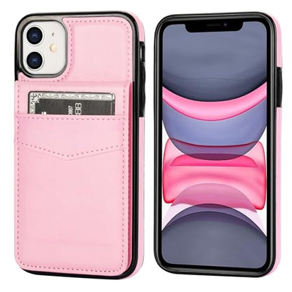 KIHUWEY for iPhone 11 Wallet Case Card Holder Kickstand, Pink | Credit Card Slots, PU Leather, Magnetic Clasp, Flip Heavy Duty Protection Cover for Men and Women - color: Pink
