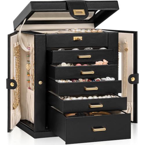 AKOZLIN 6-Tier Jewelry Box Organizer Functional 5 Drawers Leather Jewelry Storage Case for Women Girls Ring Necklace Earring Bracelet Holder Organizer with Mirror Black 360° Rotating - color: Black, size: S-Medium