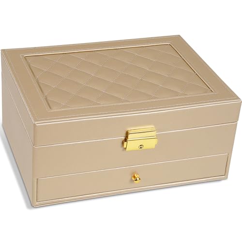 GUOER Jewelry Box for Women Girls, Two Layers Jewelry Organizer (Champagne) | Vintage Quilting Stitching PU Leather, Earrings Bracelets Rings Necklace Watches Storage Large Jewellery Holder Case Gifts - color: Champagne