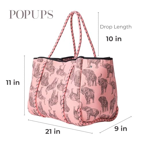 POPUPS Large Neoprene Tote Bag for Women - Everyday Designer Handbag for Travel Work and Beach with Pockets and Zipper Pouch - color: 1majestic Elephants