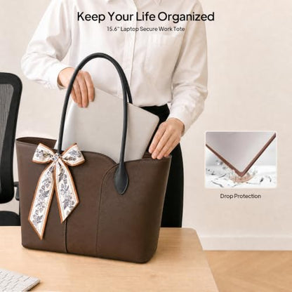 Work Tote Bag for Women, Laptop Tote Fits 15.6Inch Computer,Faux Leather Office Bag with Bottle Holder Shoulder Handbags - color: Brown
