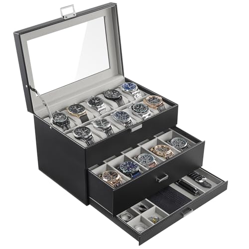 ProCase 3-Layer Watch Box with Glass Lid for Men, 20-Slot, Black | PU Outer, Velvet Lining, Jewelry Storage Organizer with Drawer, for Straps Cufflinks Rings, Gift for Men Father Dad Husband - color: Black, size: 20-Slot