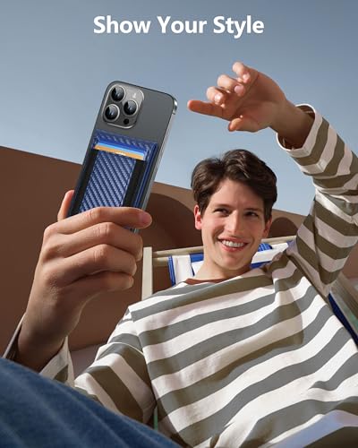 for MagSafe Wallet with Adjustable Stand, 9 Card Holder, Open ID Window | Strongest Magnetic Wallet for iPhone 17/16/15/14/13/12 Series, RFID Blocking, Vegan Leather, Blue Carbon Fiber - color: Blue Carbon Fiber