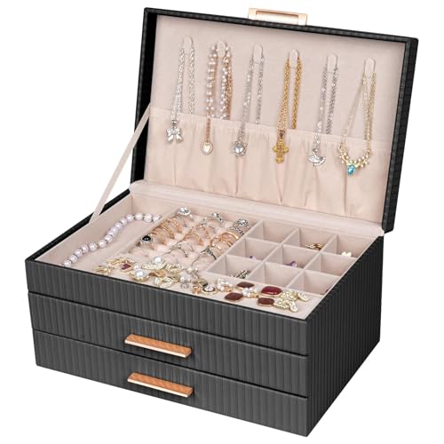 Jewelry Box Organizer, 3-Tier Jewelry Storage with 2 Drawers, Large Jewelry Boxes for Women, PU Leather Surface with Texture, Gift Idea, Modern Style, 10.71 x 7 x 5.6 Inches (Black) - color: Black