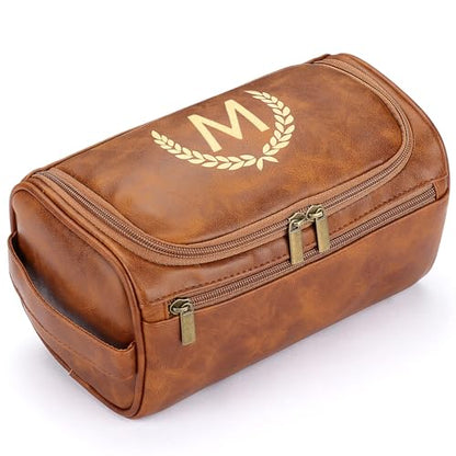 OXYEFEI Personalized Toiletry Bag for Men,Personalized Gifts for Men,Engraved Initial PU Leather Mens Toiletry Travel Shaving Travel Essentials Toiletries Bag for Him Birthday (M, Light Brown) - color: Light Brown, style: M