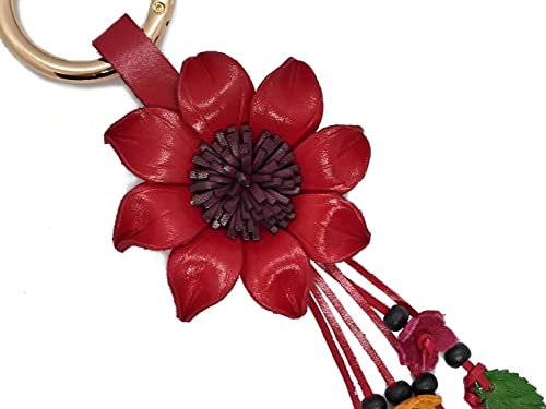 Flower Keyring Keychain Hand Made Leather Key Organizer Handbag Purse Tassels Charms Bag Accessories Handcraft Gifts - color: Sunflower Red