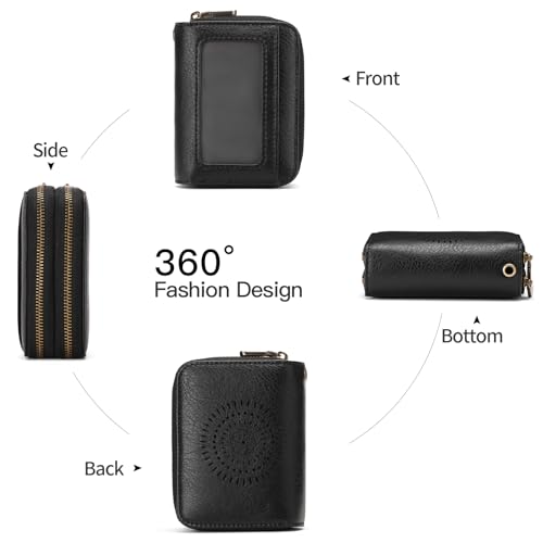 SENDEFN Leather Credit Card Holder Small Wristlet Woman Wallets RFID Blocking Double Zipper with ID Window - color: 1-Black