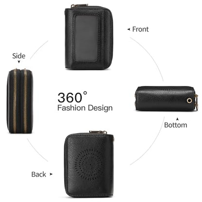 SENDEFN Leather Credit Card Holder Small Wristlet Woman Wallets RFID Blocking Double Zipper with ID Window - color: 1-Black